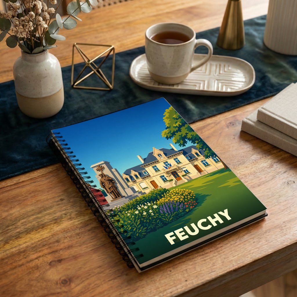 Carnet souvenir de la ville de Feuchy avec une illustration stylisée de sa mairie et de son monument aux morts.