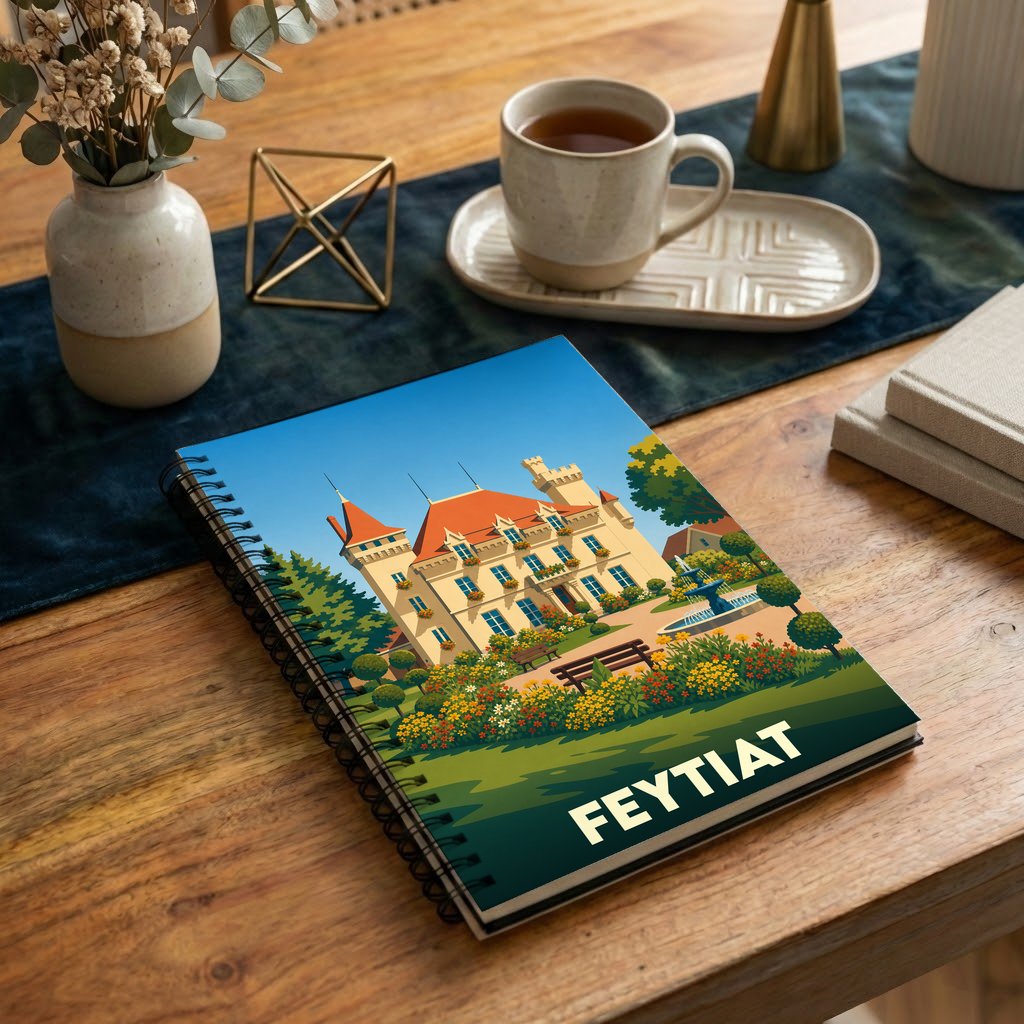 Carnet souvenir de la ville de Feytiat illustré par un dessin stylisé de château et de jardins.