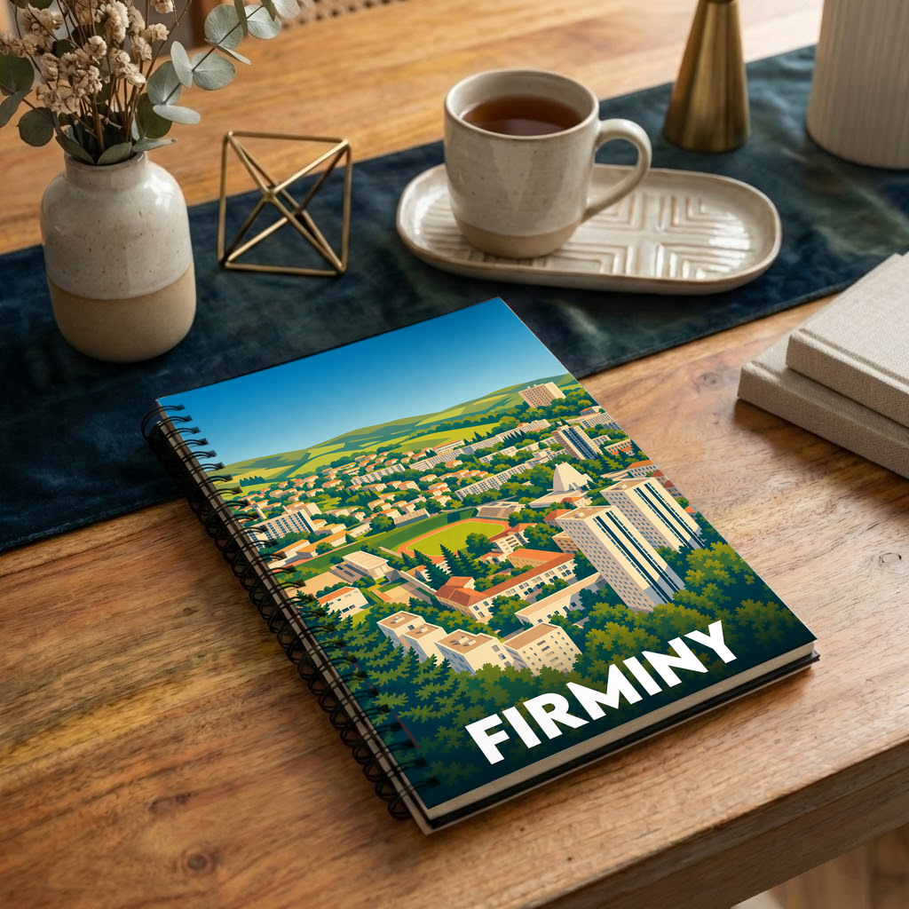 Carnet à spirales souvenir de la ville de Firminy avec une illustration stylisée.
