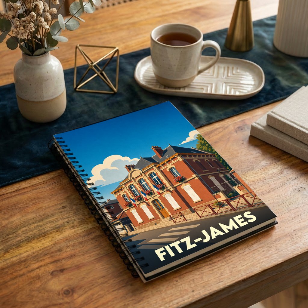 Carnet souvenir de la ville de Fitz-James avec une illustration stylisée de son hôtel de ville.