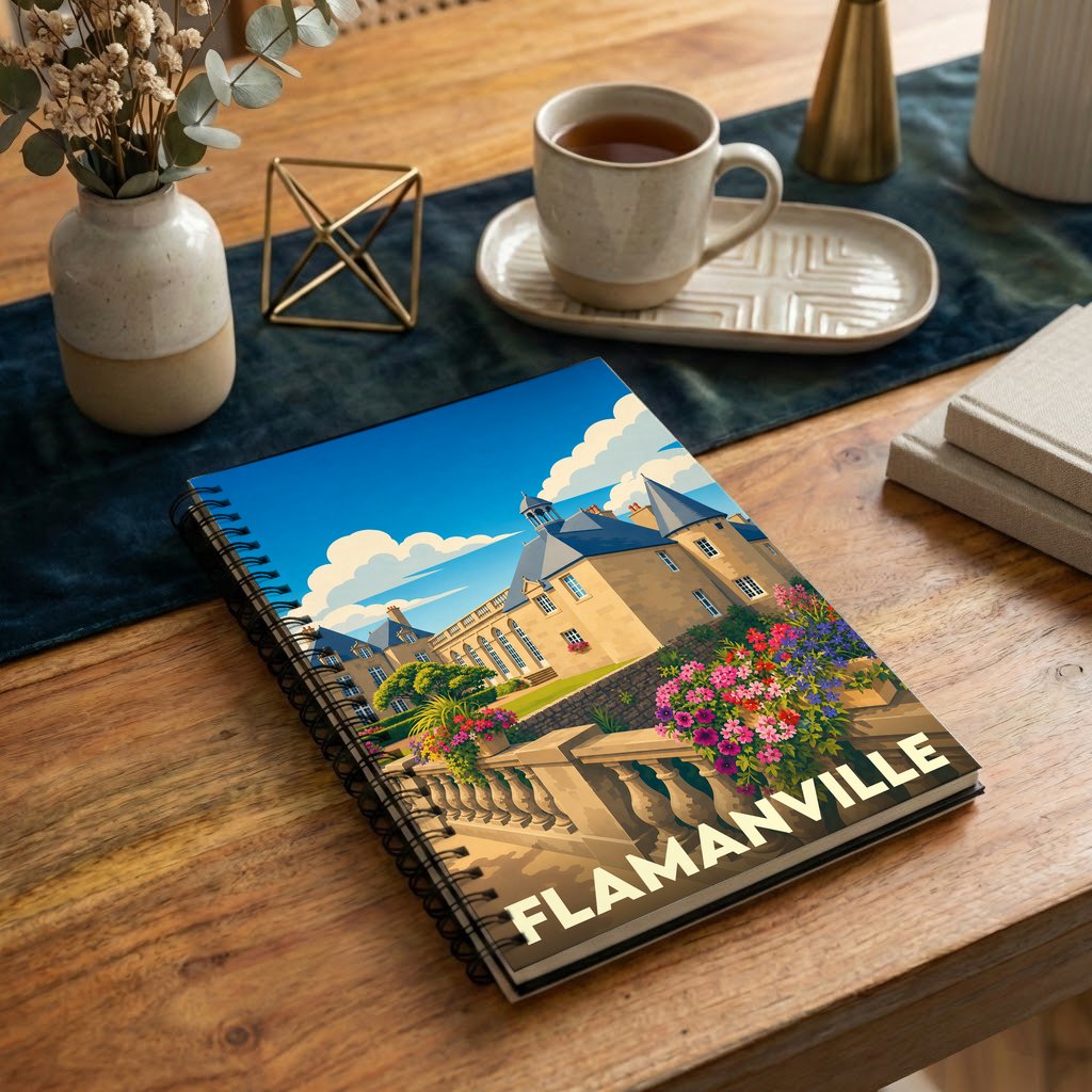 Carnet souvenir de la ville de Flamanville avec une illustration stylisée de son château.