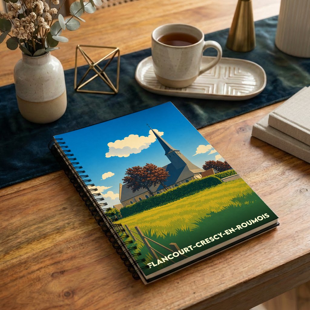 Carnet à spirales souvenir de la ville de Flancourt-Crescy-en-Roumois avec une illustration stylisée de son église et de ses paysages.
