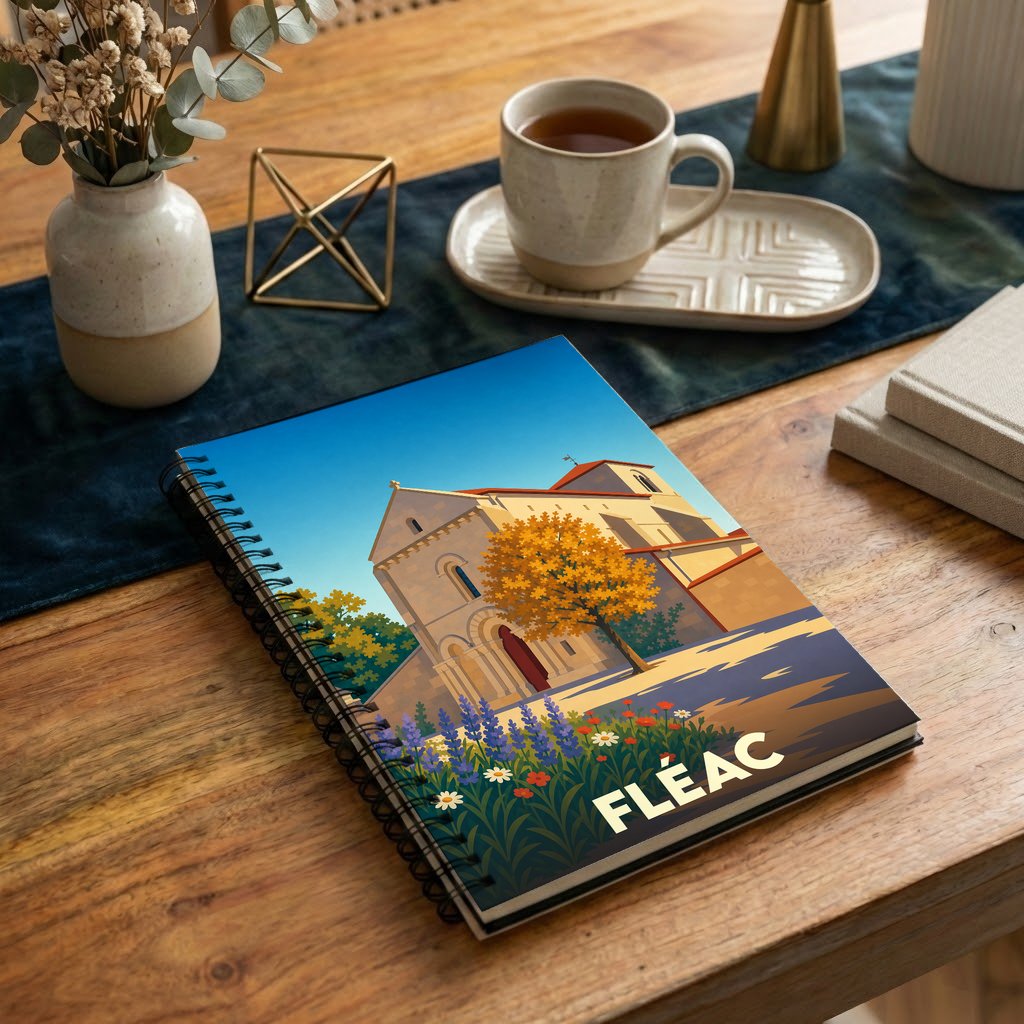 Carnet à spirales souvenir de la ville de Fléac avec une illustration stylisée de son église romane.