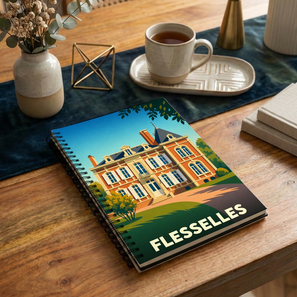 Carnet à spirales souvenir de la ville de Flesselles avec une illustration stylisée d'un château.
