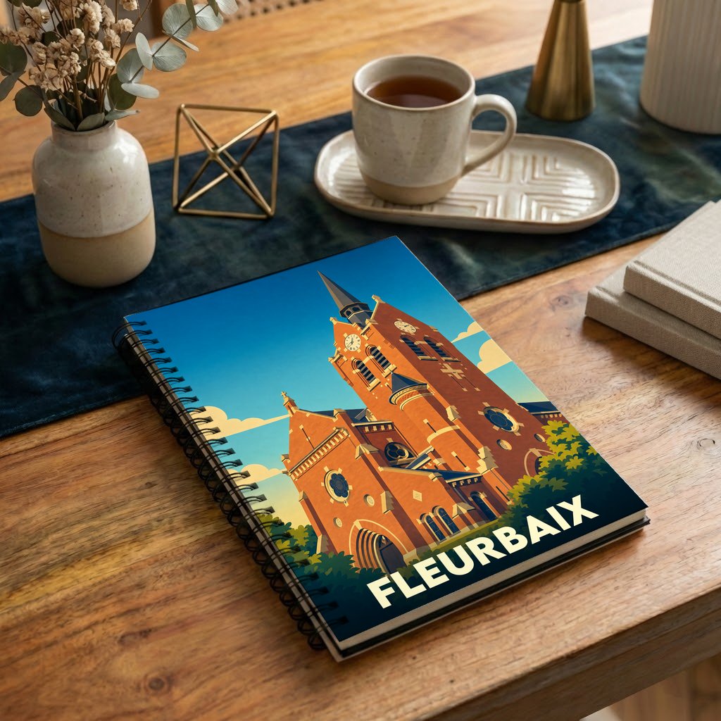 Carnet à spirales souvenir de la ville de Fleurbaix avec une illustration stylisée d'une église en briques.