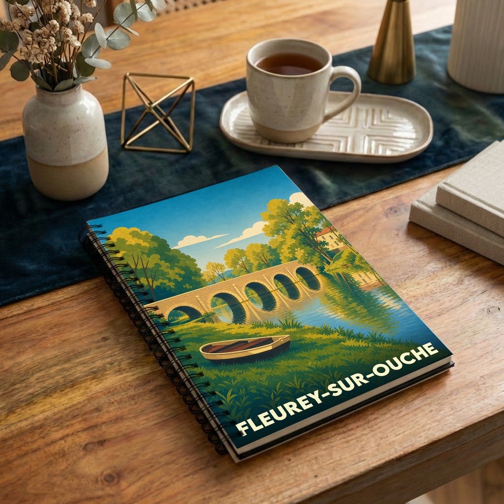 Carnet à spirales souvenir de Fleurey-sur-Ouche avec une illustration stylisée de son pont et de la rivière.