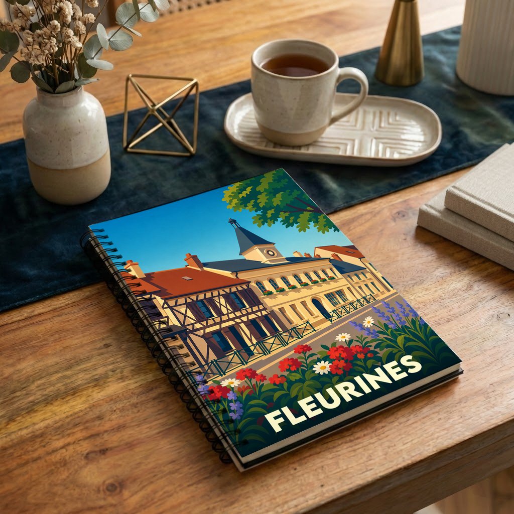 Carnet à spirale souvenir de la ville de Fleurines avec une illustration stylisée et fleurie de son architecture.