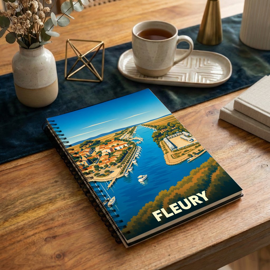 Carnet à spirale souvenir de la ville de Fleury avec une illustration stylisée d'un port méditerranéen.
