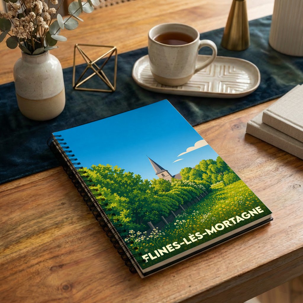 Carnet de notes à spirales avec une illustration stylisée de la ville de Flines-lès-Mortagne.