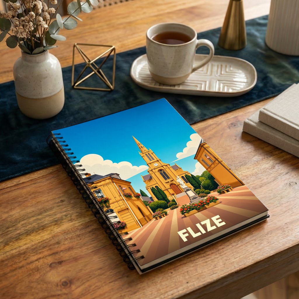 Carnet à spirale souvenir de la ville de Flize avec une illustration stylisée de son église et de sa place.