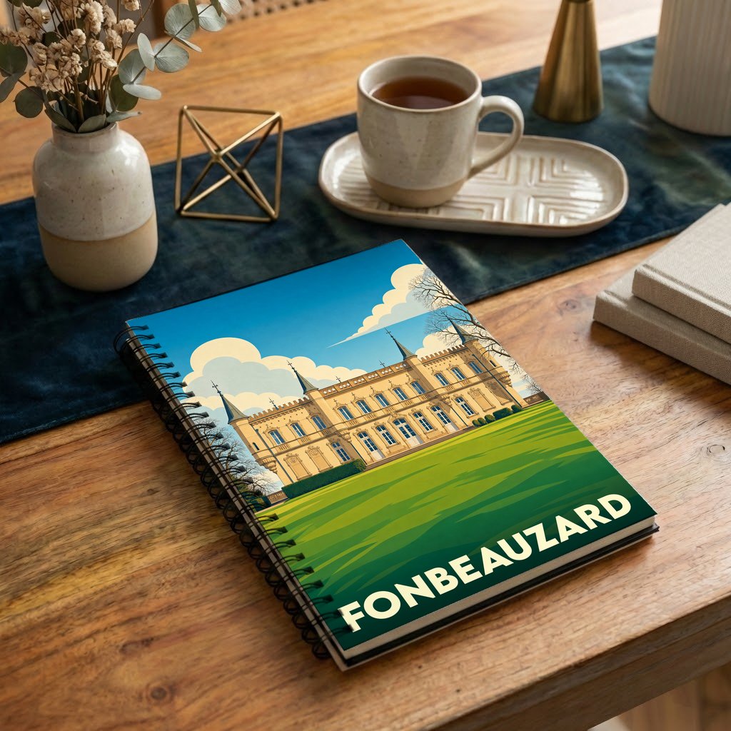 Carnet de notes à spirales souvenir de la ville de Fonbeauzard avec une illustration stylisée de son château.