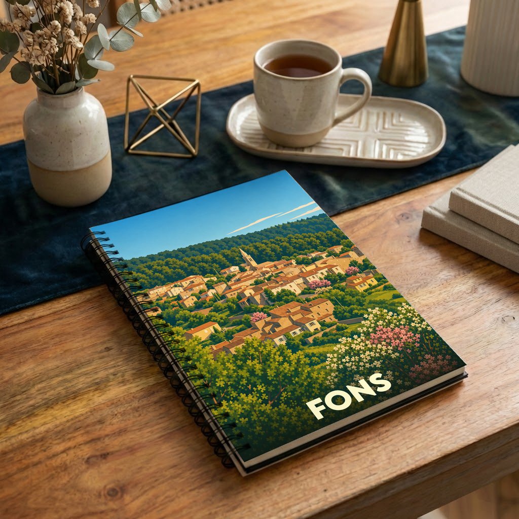 Carnet de notes souvenir de la ville de Fons avec une illustration stylisée d'un village perché.