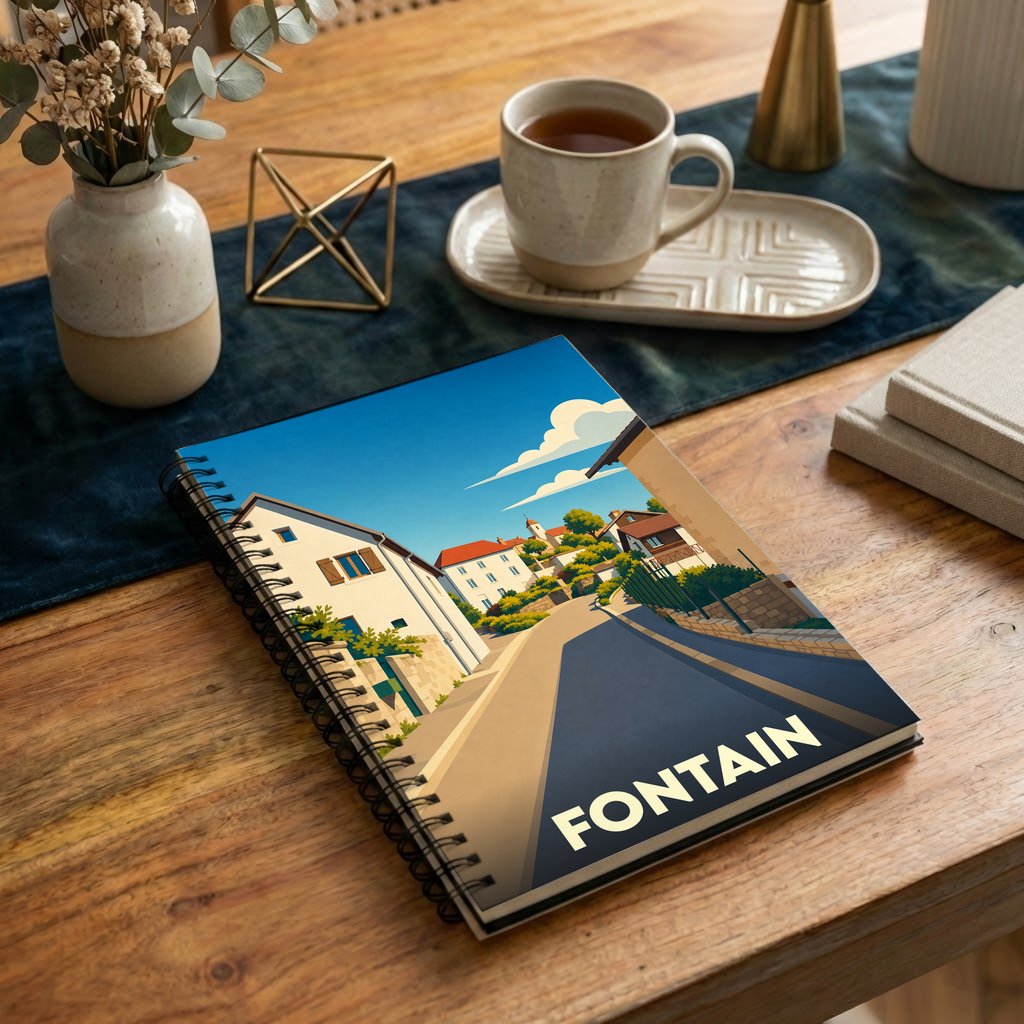 Carnet à spirales souvenir de la ville de Fontain avec une illustration stylisée d'une rue ensoleillée.