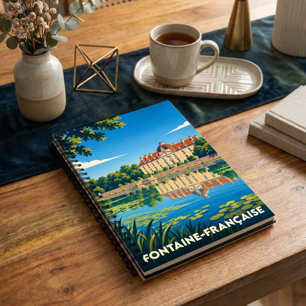 Carnet souvenir de la ville de Fontaine-Française orné d'une illustration stylisée de son château se reflétant dans l'eau.