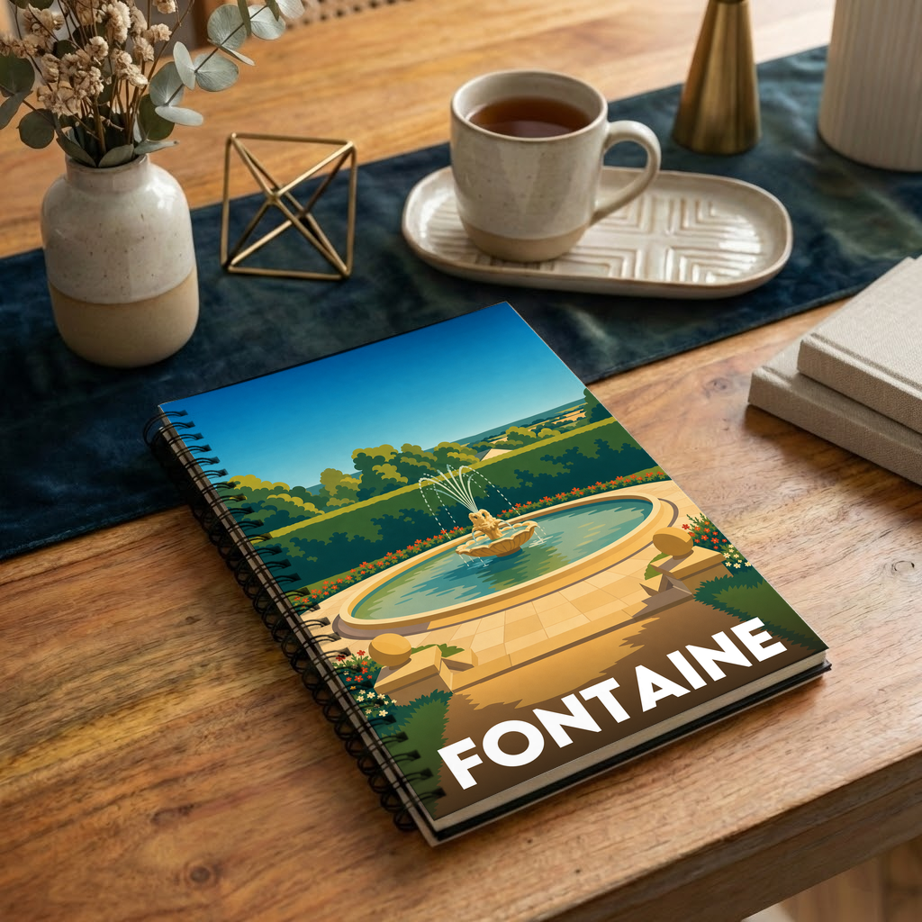 Carnet souvenir de la ville de Fontaine avec une illustration stylisée.