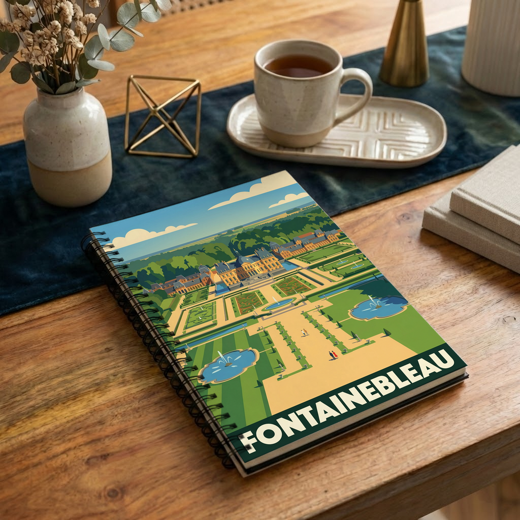 Carnet souvenir de la ville de Fontainebleau avec une illustration stylisée de son château et de ses jardins.