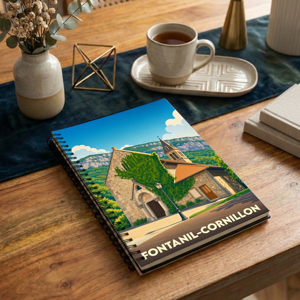 Carnet à spirales souvenir de la ville de Fontanil-Cornillon avec une illustration stylisée de son église.