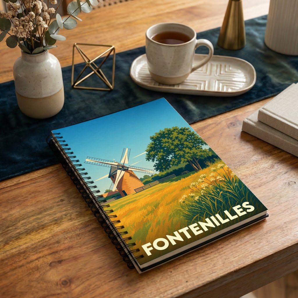 Carnet à spirales souvenir de la ville de Fontenilles avec une illustration stylisée d'un moulin et d'un champ doré.