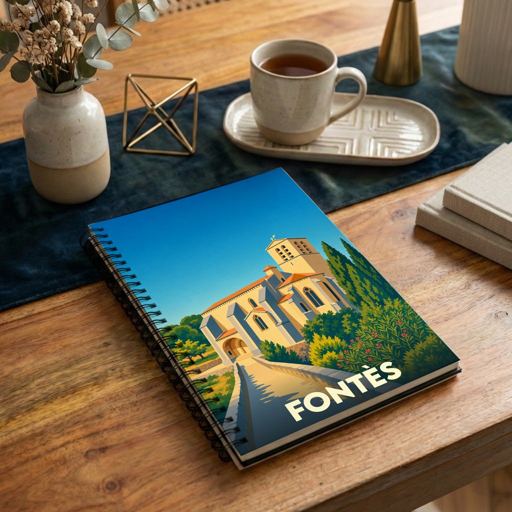 Carnet de notes à spirales souvenir de la ville de Fontès avec une illustration stylisée de son église.