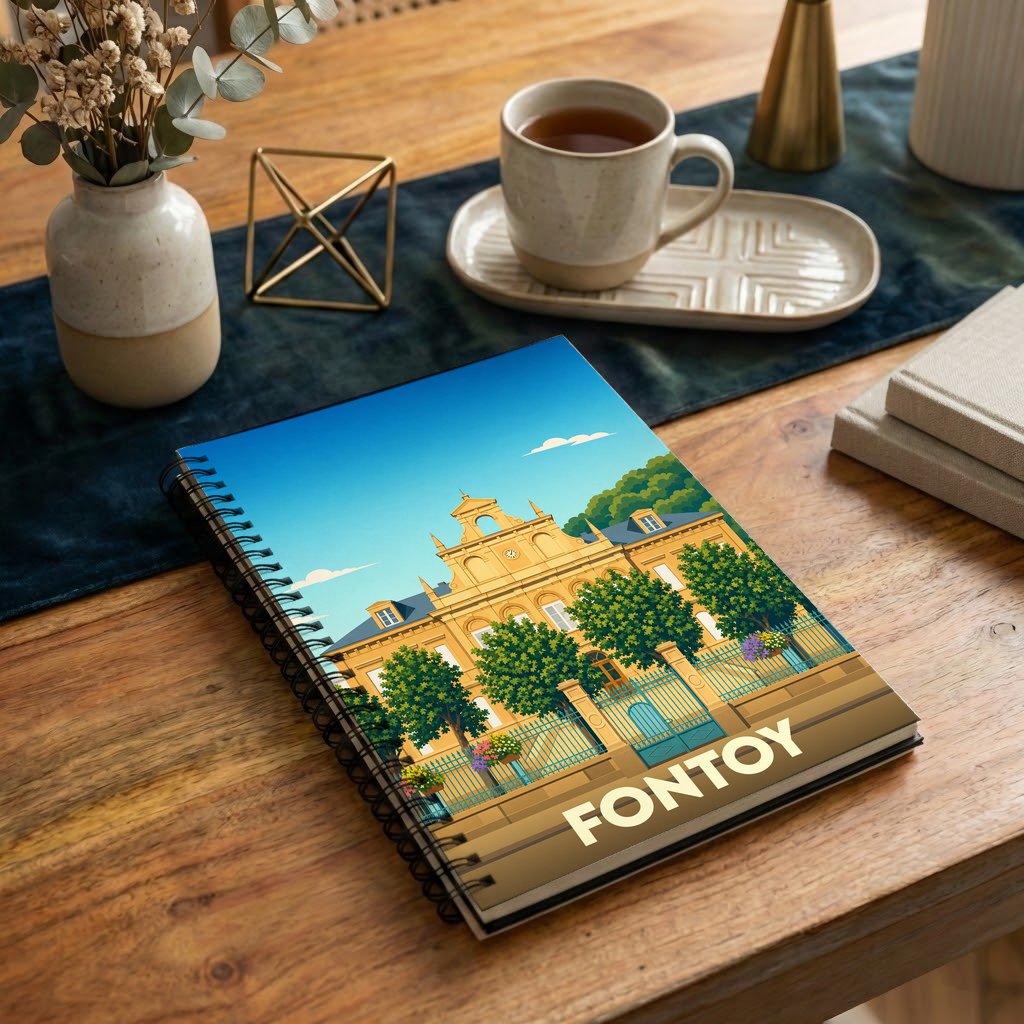 Carnet de notes à spirales souvenir de la ville de Fontoy avec une illustration stylisée de son patrimoine.