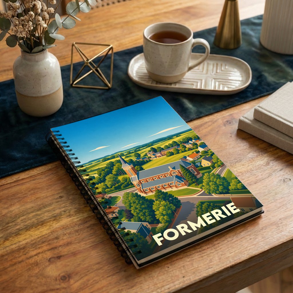Carnet souvenir de la ville de Formerie avec une illustration stylisée d'un paysage urbain.