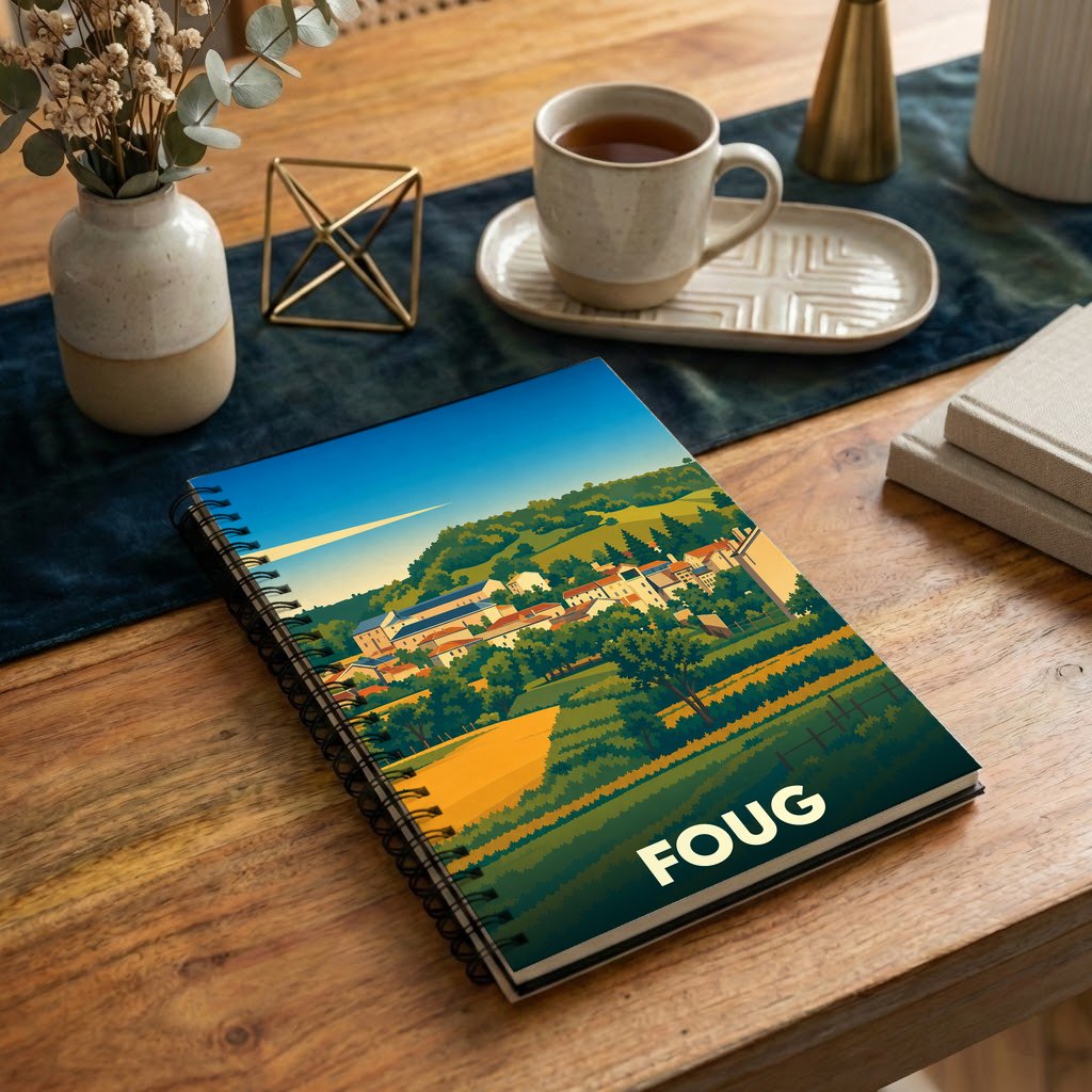 Carnet de notes souvenir de la ville de Foug avec une illustration stylisée de son paysage urbain et verdoyant.