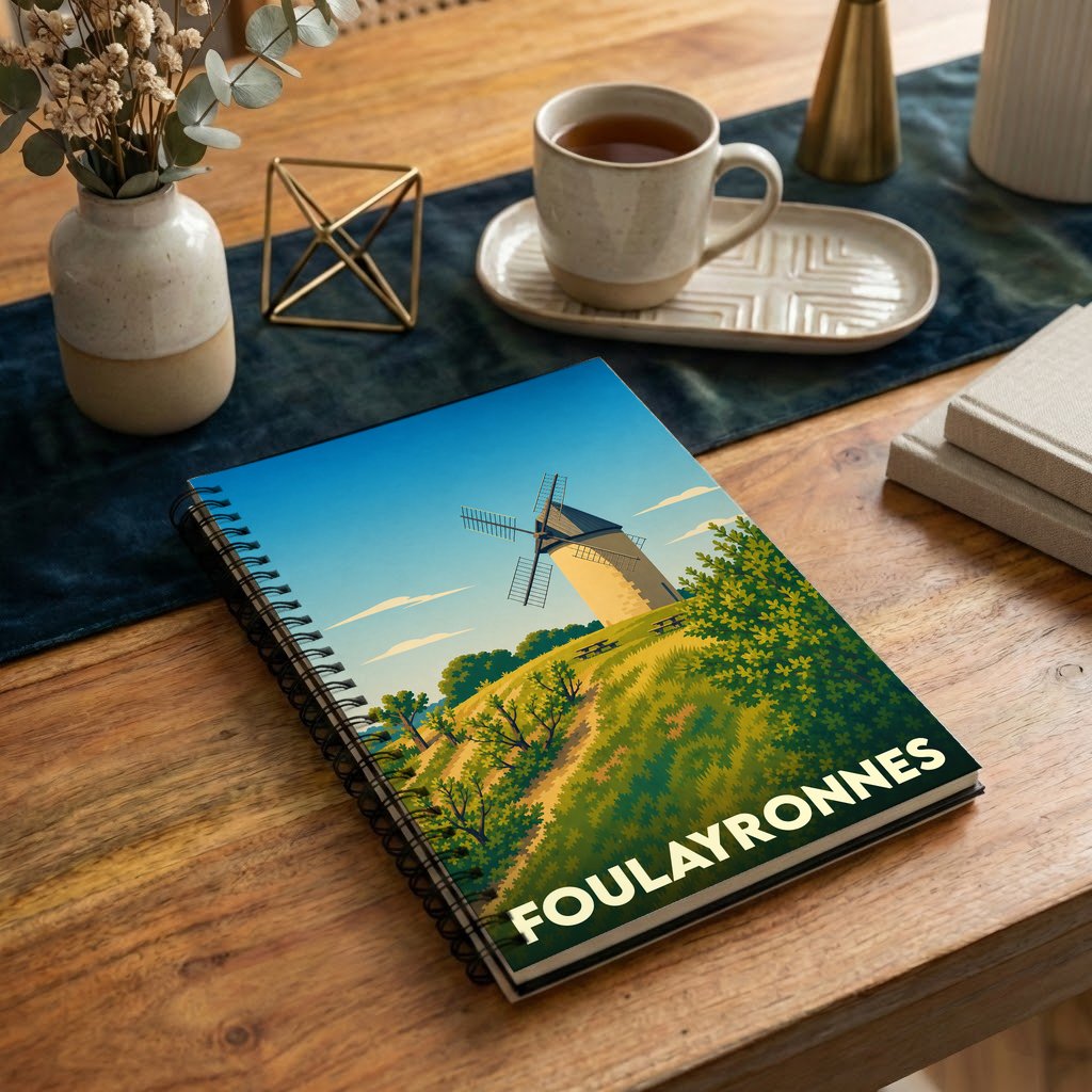 Carnet à spirales souvenir de la ville de Foulayronnes avec une illustration stylisée d'un moulin.
