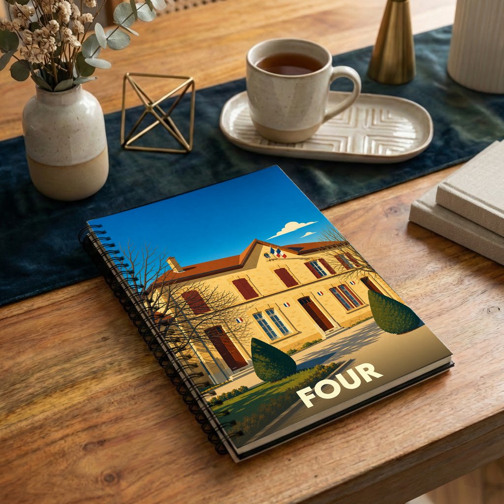 Carnet souvenir de la ville de Four avec une illustration stylisée de son hôtel de ville.