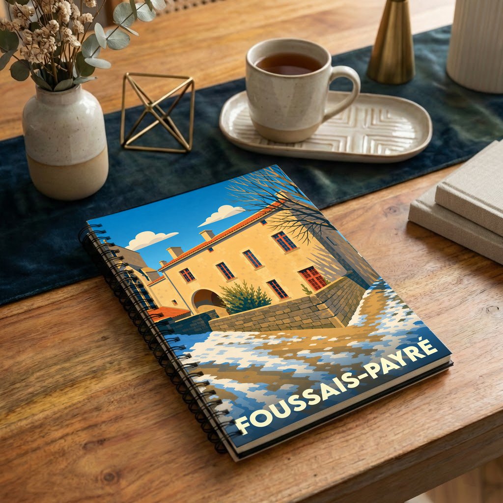 Carnet à spirales souvenir de la ville de Foussais-Payré avec une illustration stylisée.