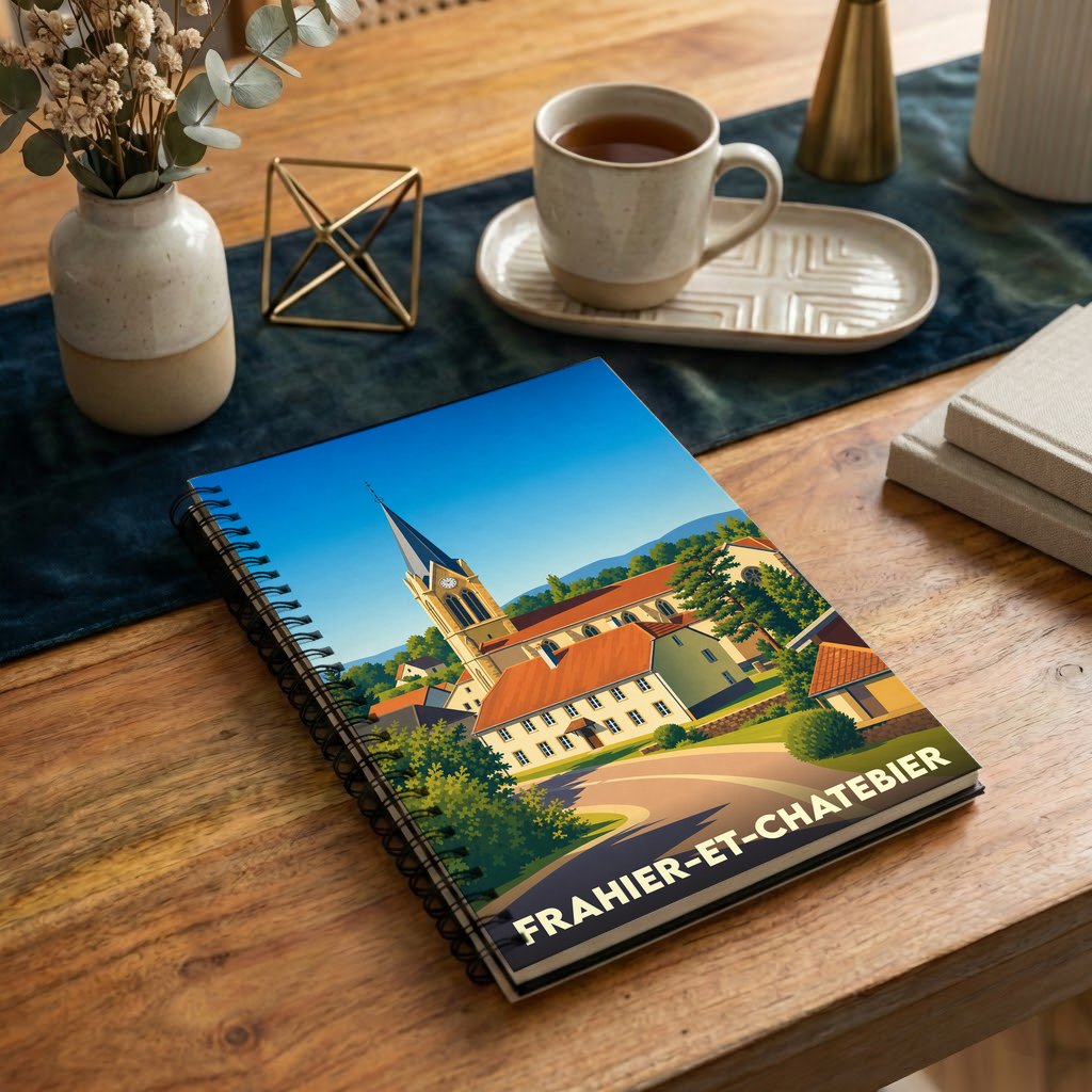 Carnet à spirales souvenir de la ville de Frahier-et-Chatebier avec une illustration stylisée.