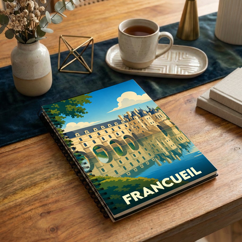 Carnet à spirale souvenir de la ville de Francueil avec une illustration stylisée représentant le château de Chenonceau.