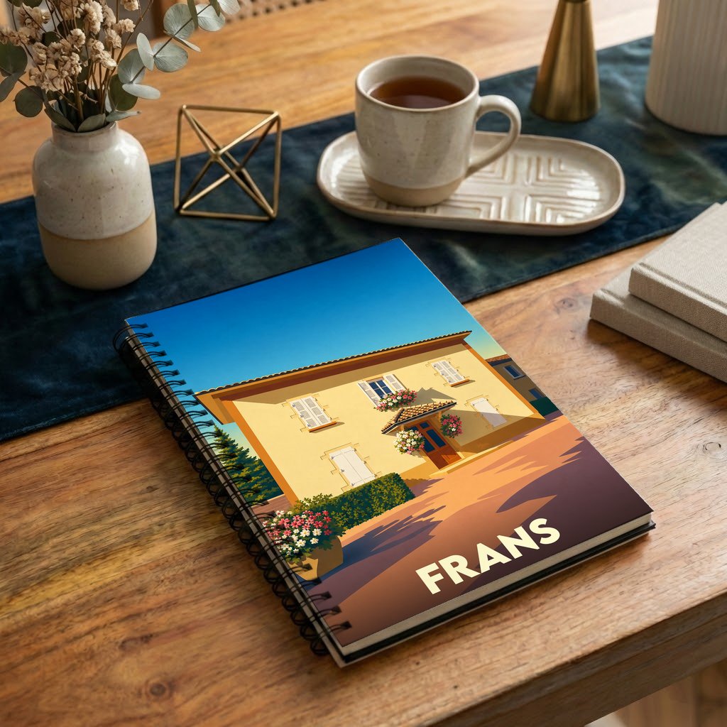 Carnet souvenir de la ville de Frans avec une illustration stylisée d'une maison traditionnelle.