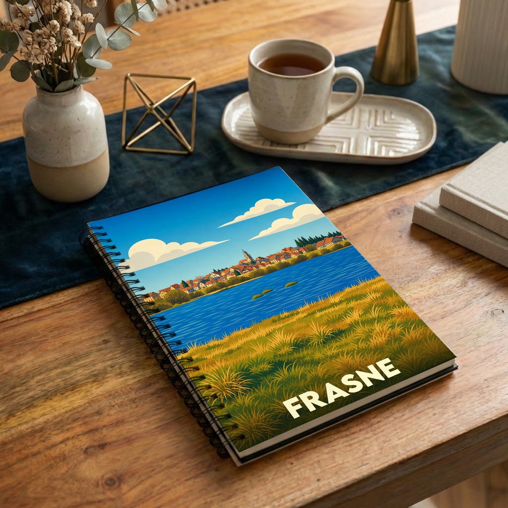 Carnet à spirales souvenir de la ville de Frasne avec une illustration stylisée de son paysage.