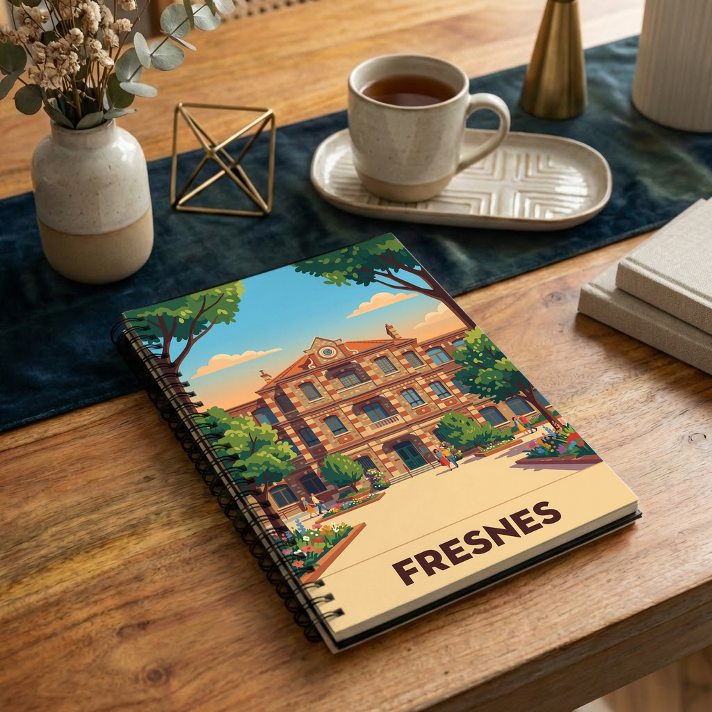 Carnet souvenir de la ville de Fresnes avec une illustration stylisée.