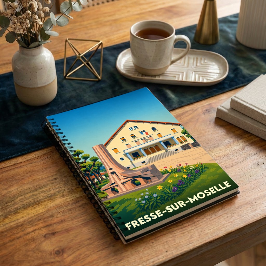 Carnet souvenir de la ville de Fresse-sur-Moselle avec une illustration stylisée de son patrimoine.