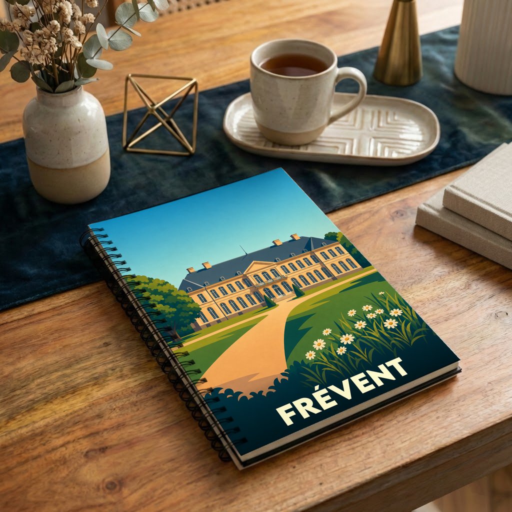 Carnet de notes à spirales souvenir de la ville de Frévent avec une illustration stylisée de son château.