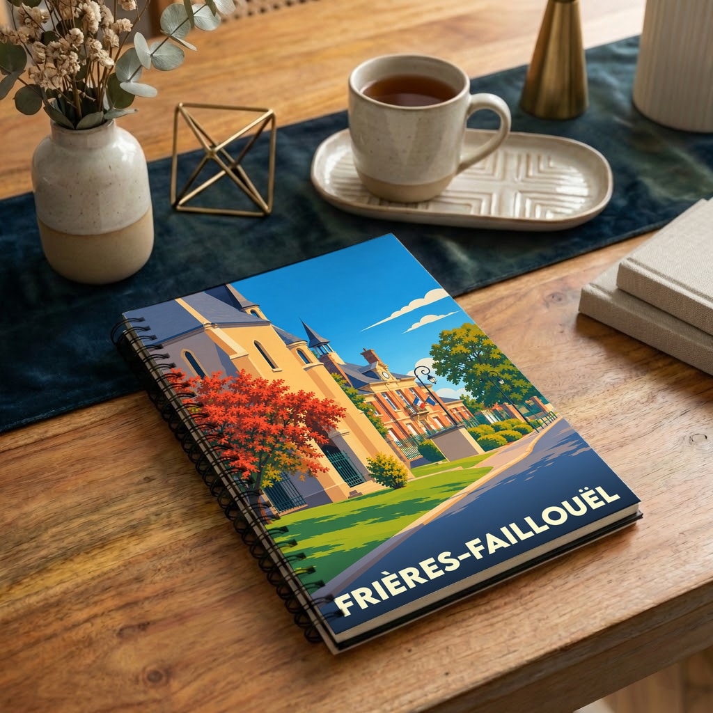 Carnet à spirale souvenir de la ville de Frières-Faillouël avec une illustration stylisée.