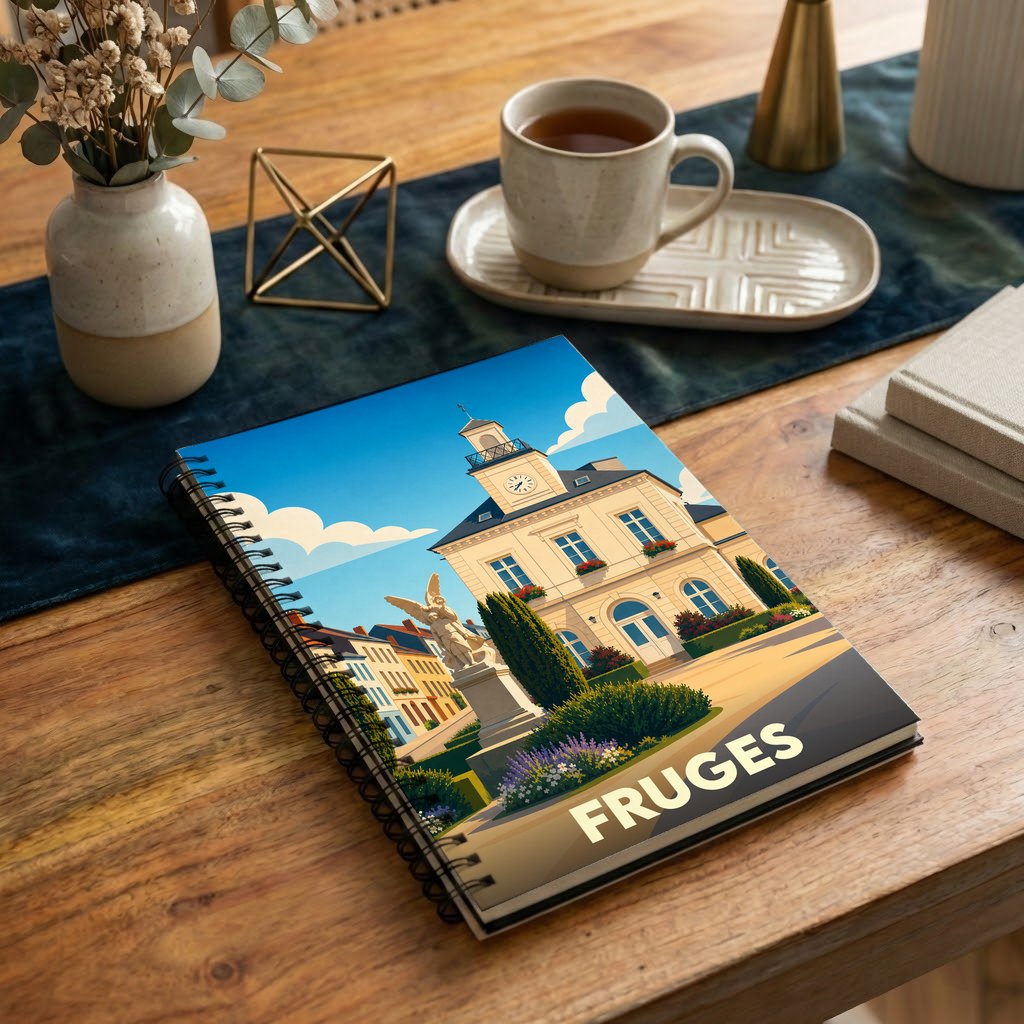 Carnet à spirales souvenir de la ville de Fruges avec une illustration stylisée de son hôtel de ville.