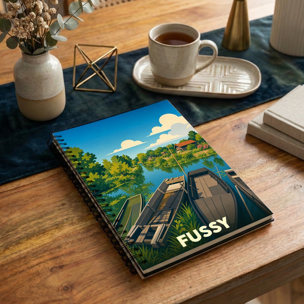 Carnet souvenir de la ville de Fussy avec une illustration stylisée de barques sur l'eau.