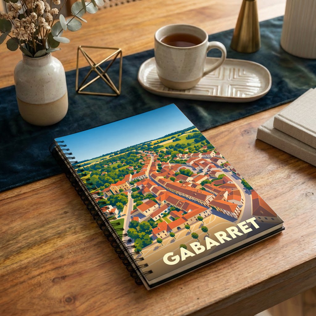 Carnet souvenir de la ville de Gabarret avec une illustration aérienne colorée et stylisée.