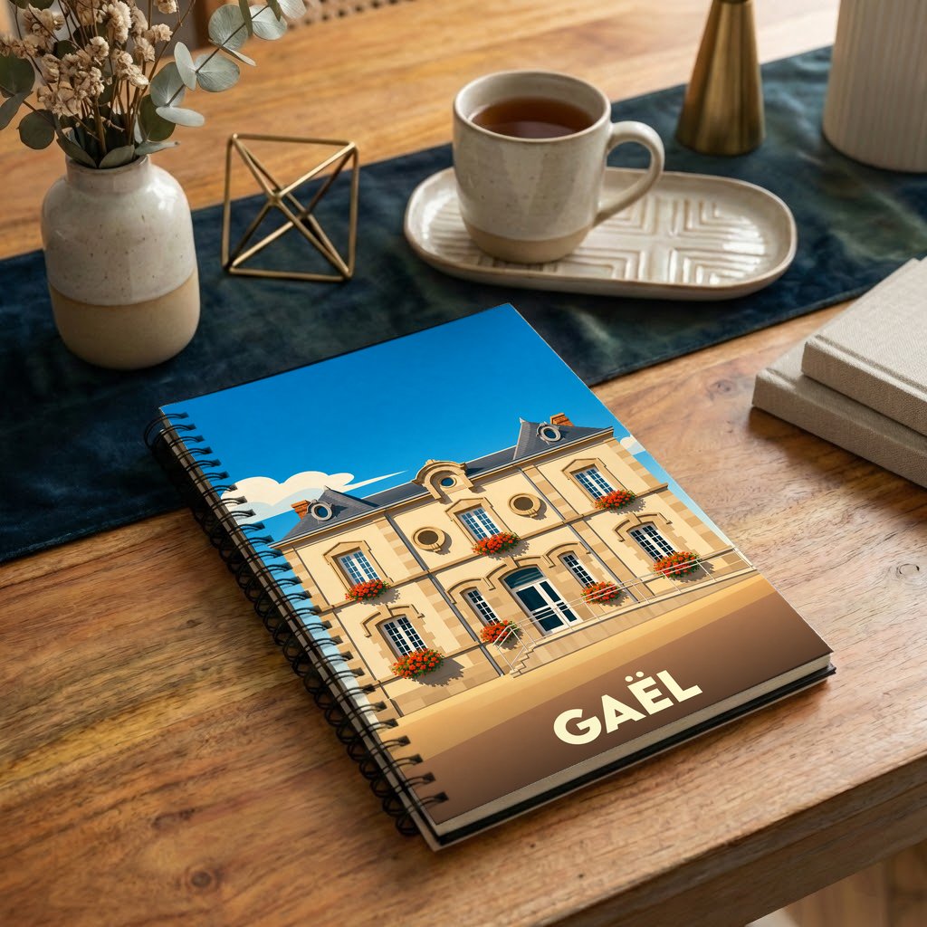 Carnet souvenir de la ville de Gaël avec une illustration stylisée d'un bâtiment historique fleuri.