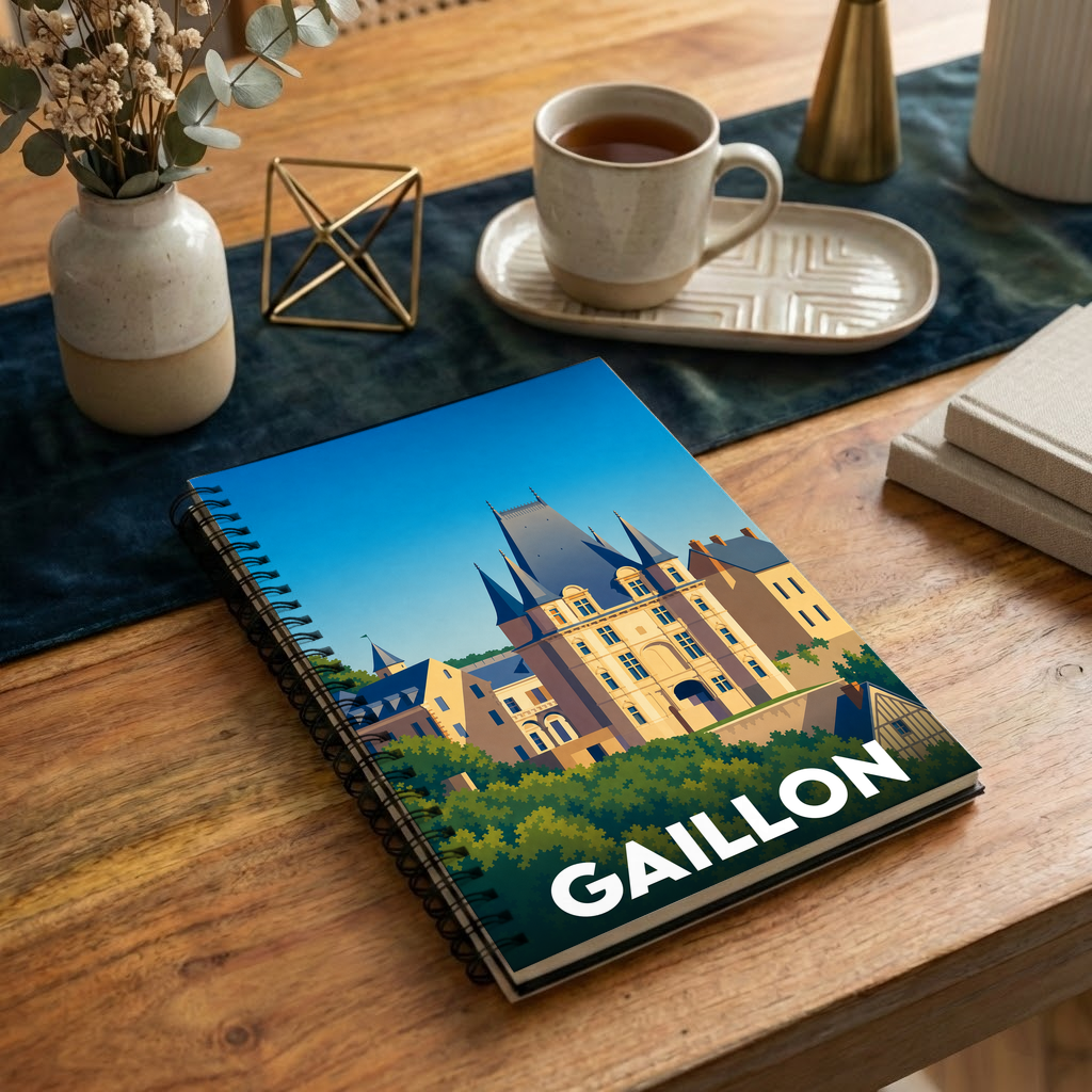 Carnet souvenir de la ville de Gaillon avec une illustration stylisée de son château.