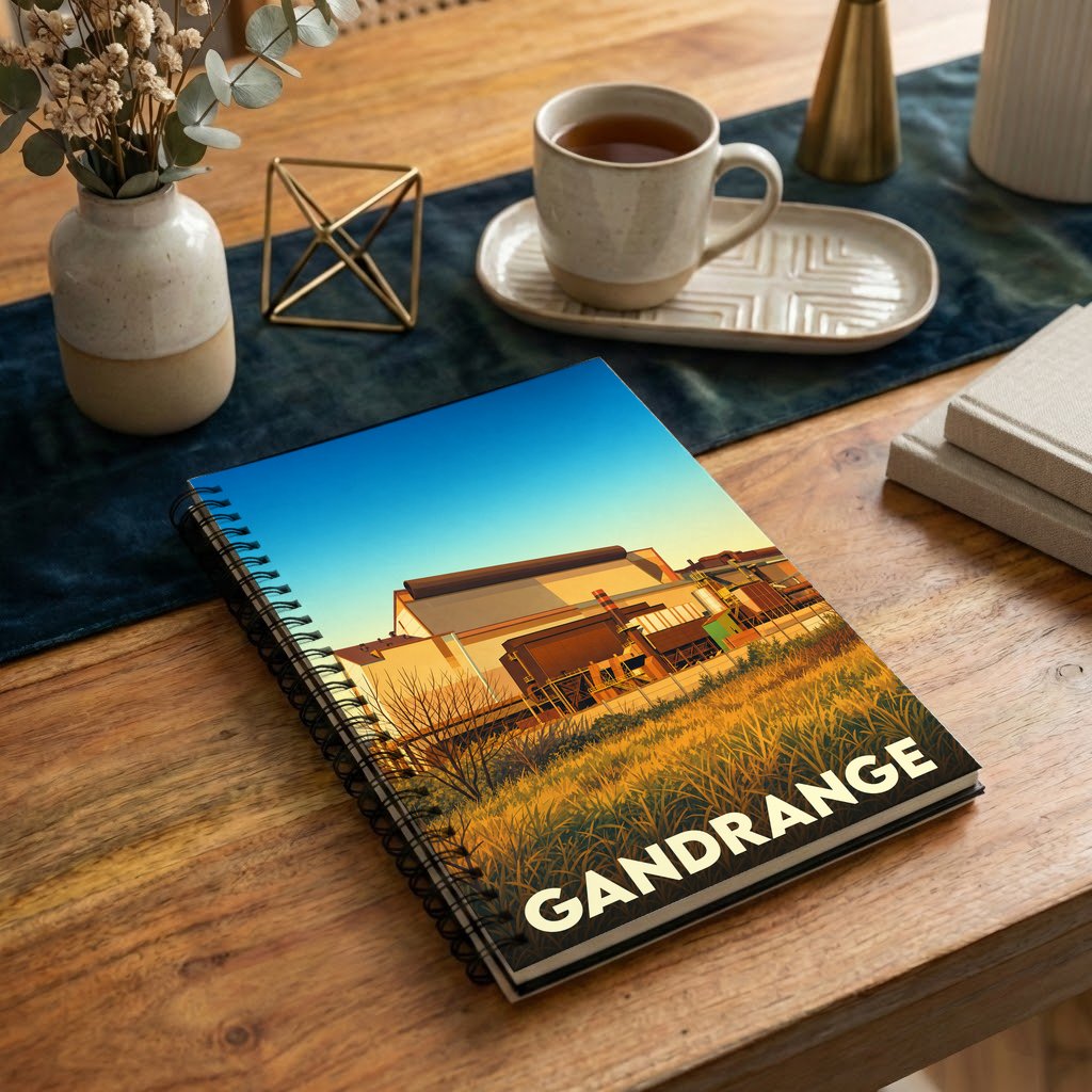 Carnet souvenir de la ville de Gandrange avec une illustration stylisée d'un site industriel au coucher du soleil.