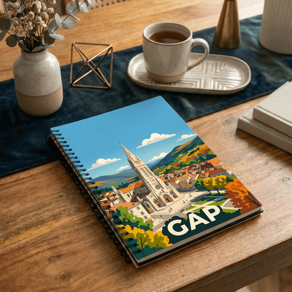 Carnet à spirales souvenir de la ville de Gap avec une illustration graphique et stylisée.