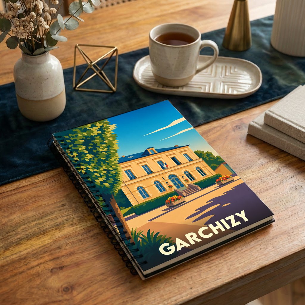 Carnet à spirales souvenir de la ville de Garchizy avec une illustration stylisée de sa mairie.