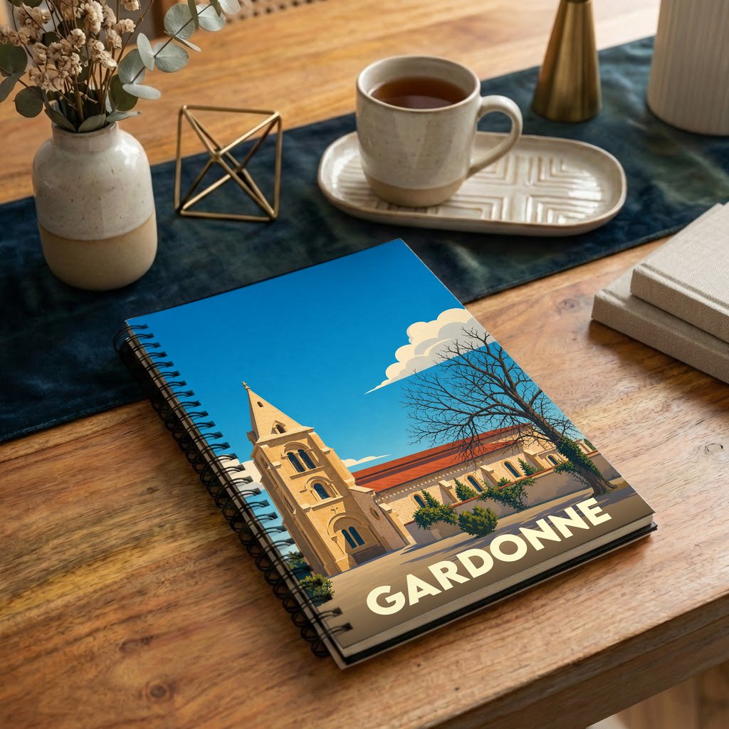Carnet de notes à spirales souvenir de la ville de Gardonne avec une illustration stylisée de son église.