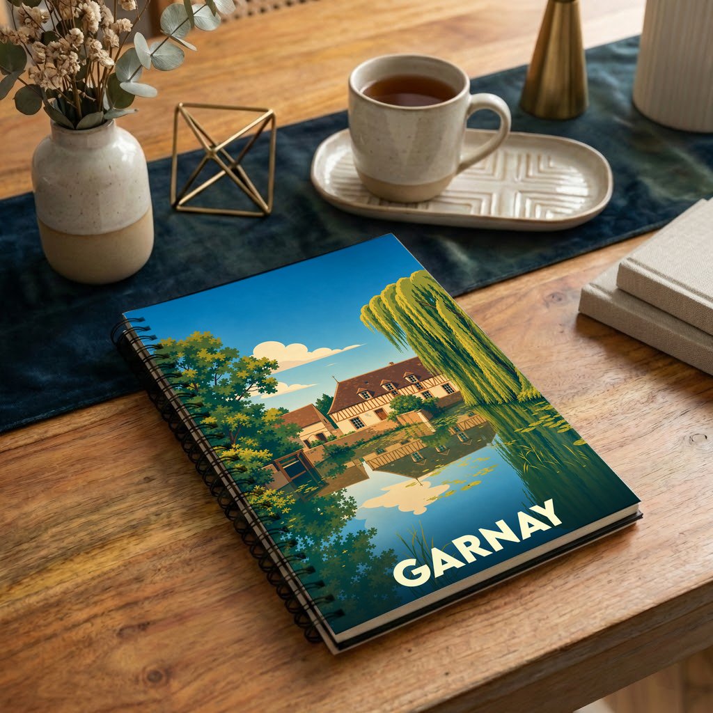 Carnet souvenir de la ville de Garnay avec une illustration stylisée d'un moulin au bord de l'eau.