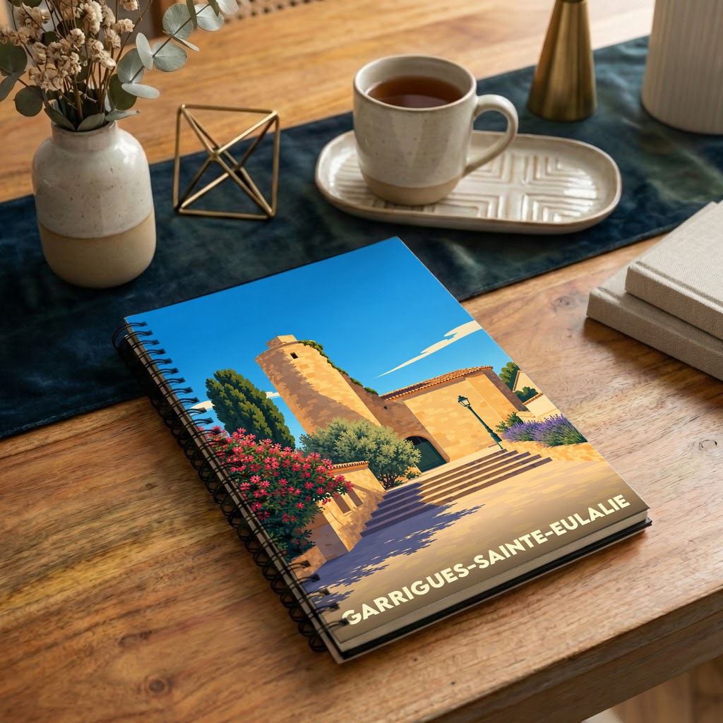 Carnet souvenir de la ville de Garrigues-Sainte-Eulalie avec une illustration stylisée d'un clocher provençal.
