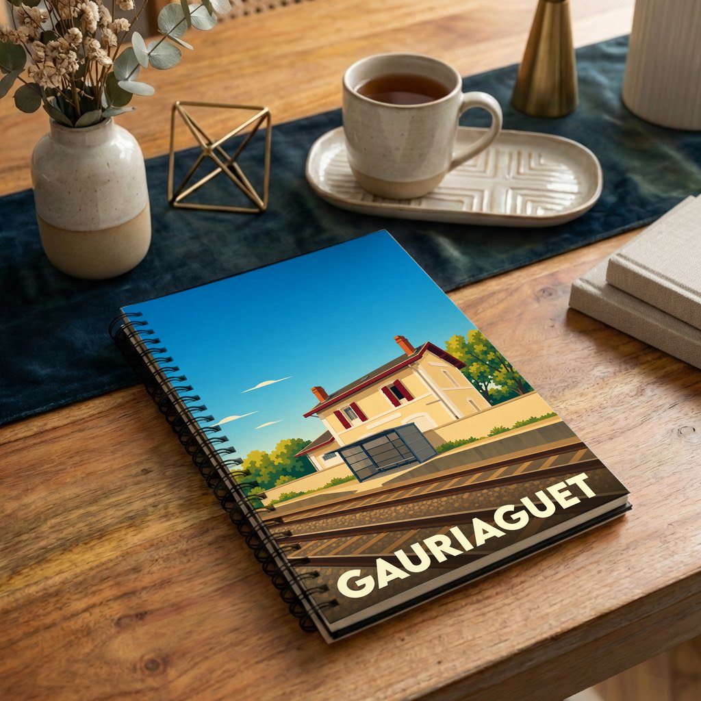 Carnet souvenir de la ville de Gauriaguet avec une illustration stylisée de sa gare.