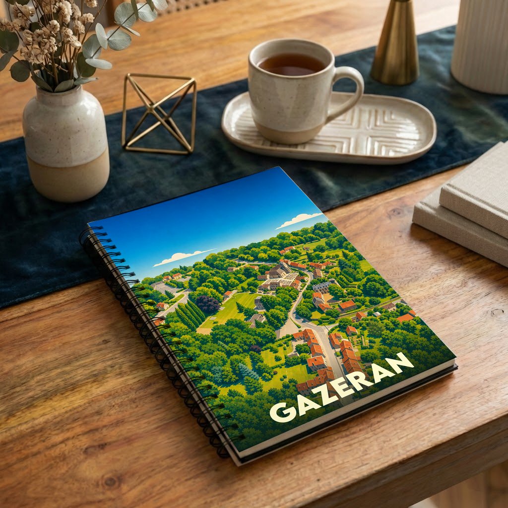 Carnet de notes à spirales souvenir de la ville de Gazeran avec une illustration aérienne stylisée.